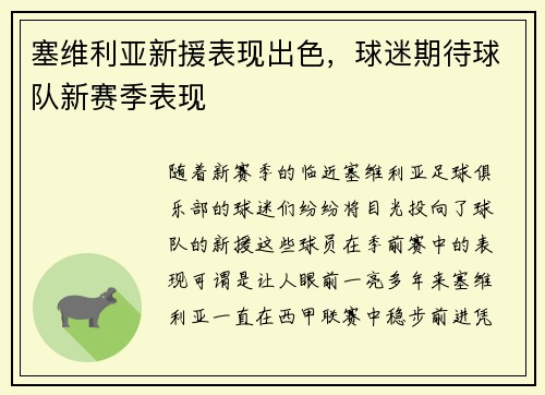 塞维利亚新援表现出色，球迷期待球队新赛季表现